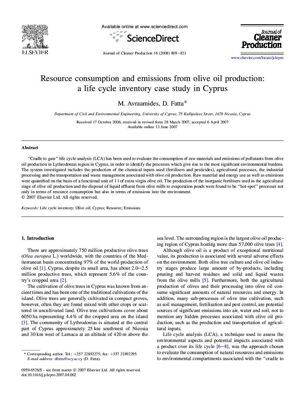 Resource consumption and emissions from olive oil production: a life cycle inventory case study in Cyprus