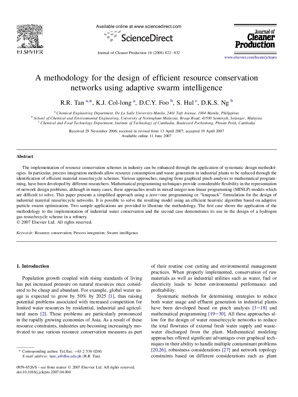 A methodology for the design of efficient resource conservation networks using adaptive swarm intelligence