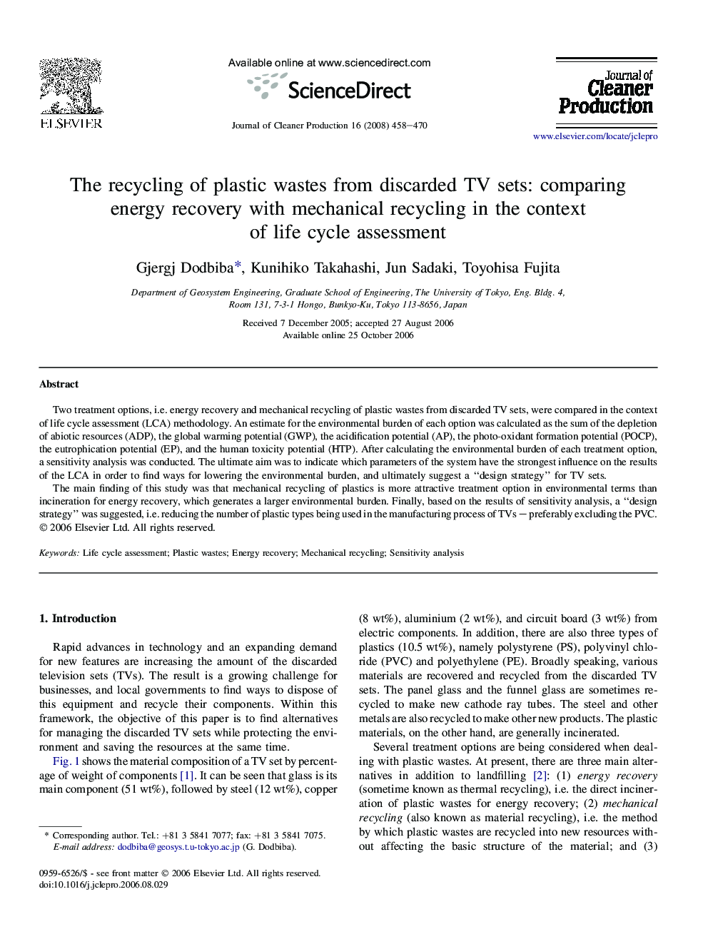 The recycling of plastic wastes from discarded TV sets: comparing energy recovery with mechanical recycling in the context of life cycle assessment