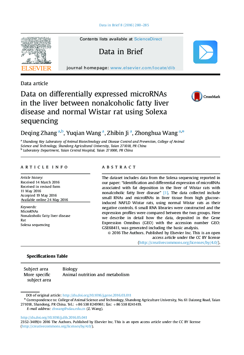 Data on differentially expressed microRNAs in the liver between nonalcoholic fatty liver disease and normal Wistar rat using Solexa sequencing