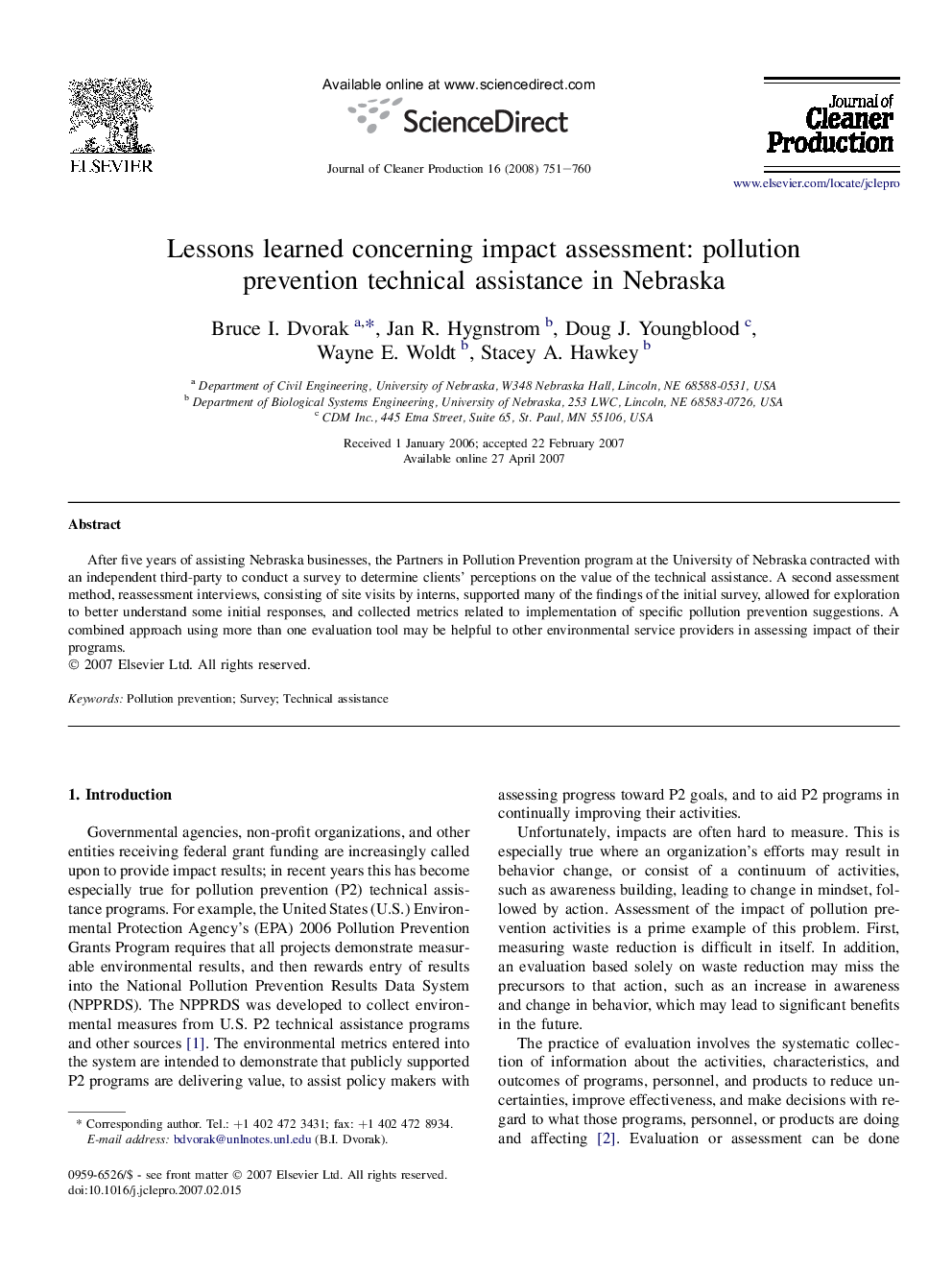 Lessons learned concerning impact assessment: pollution prevention technical assistance in Nebraska