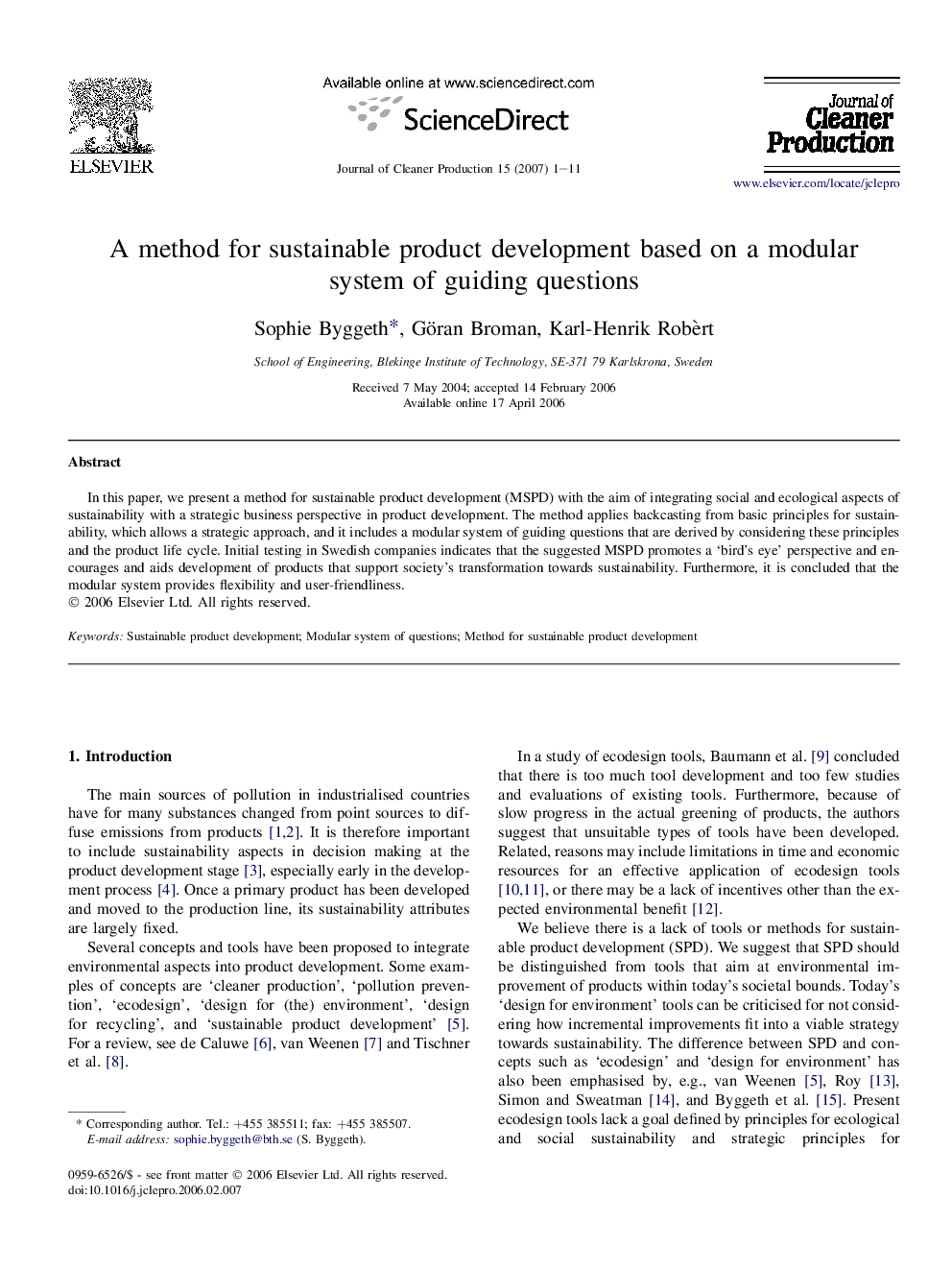 A method for sustainable product development based on a modular system of guiding questions