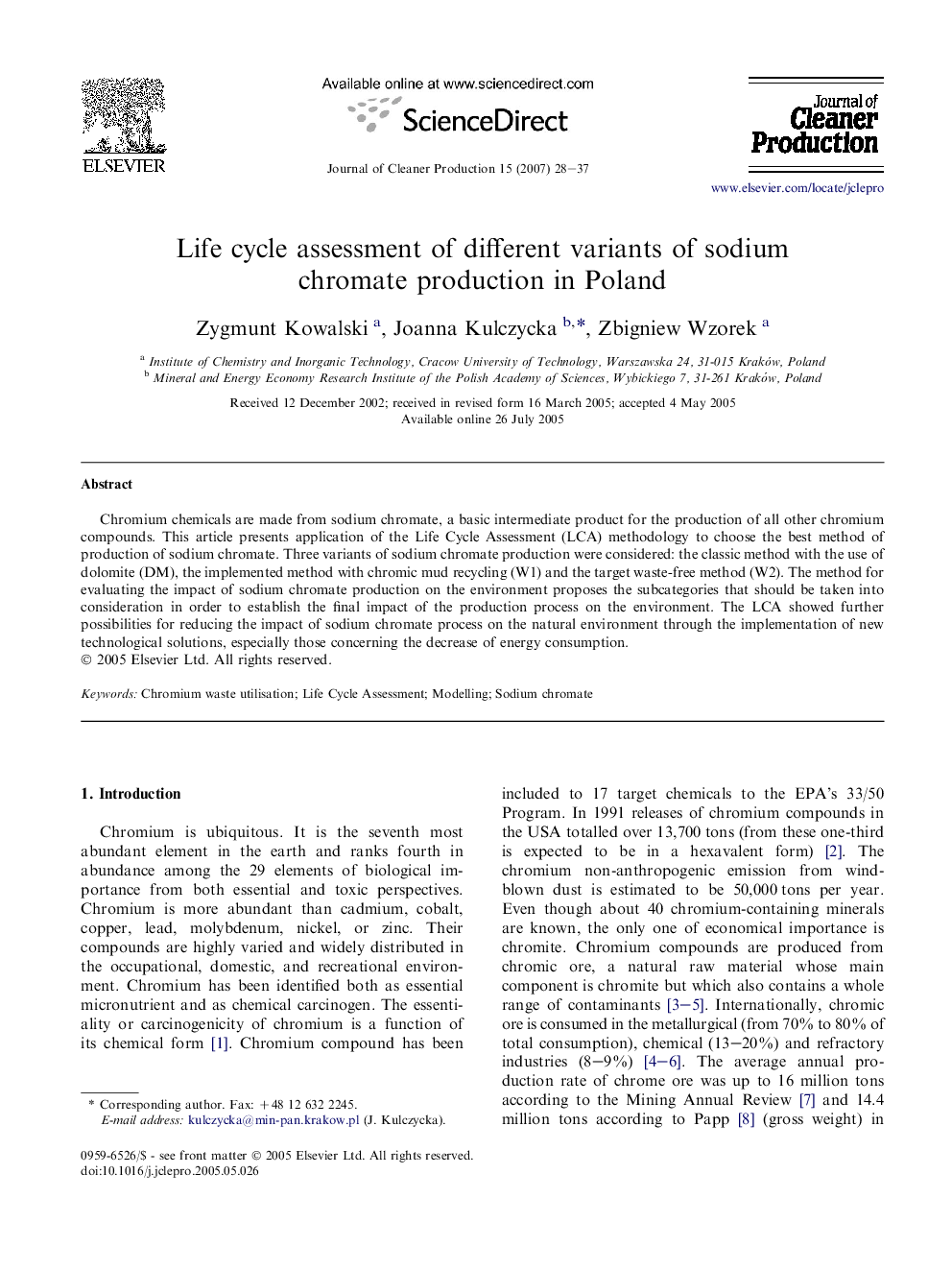 Life cycle assessment of different variants of sodium chromate production in Poland