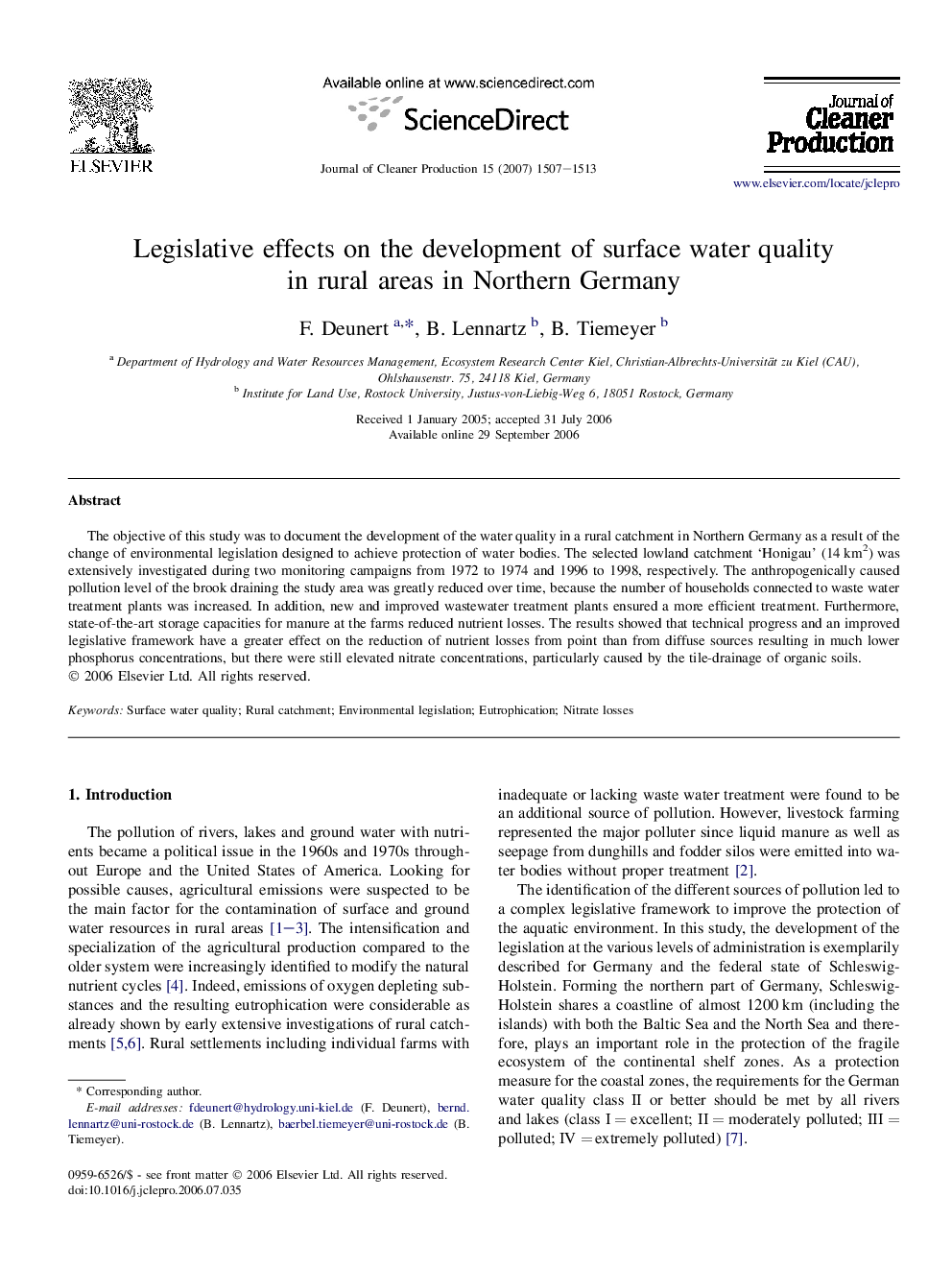 Legislative effects on the development of surface water quality in rural areas in Northern Germany