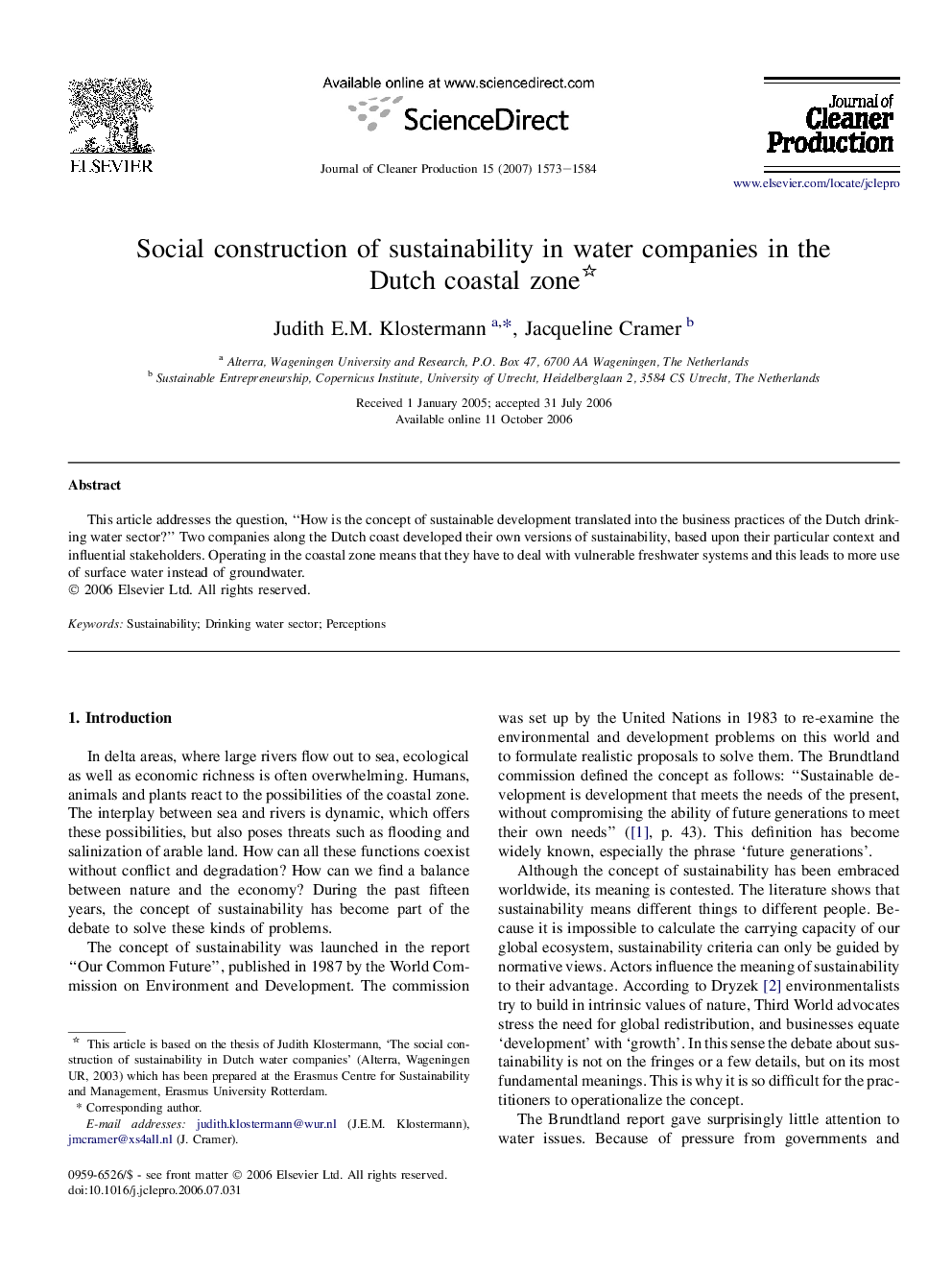 Social construction of sustainability in water companies in the Dutch coastal zone 