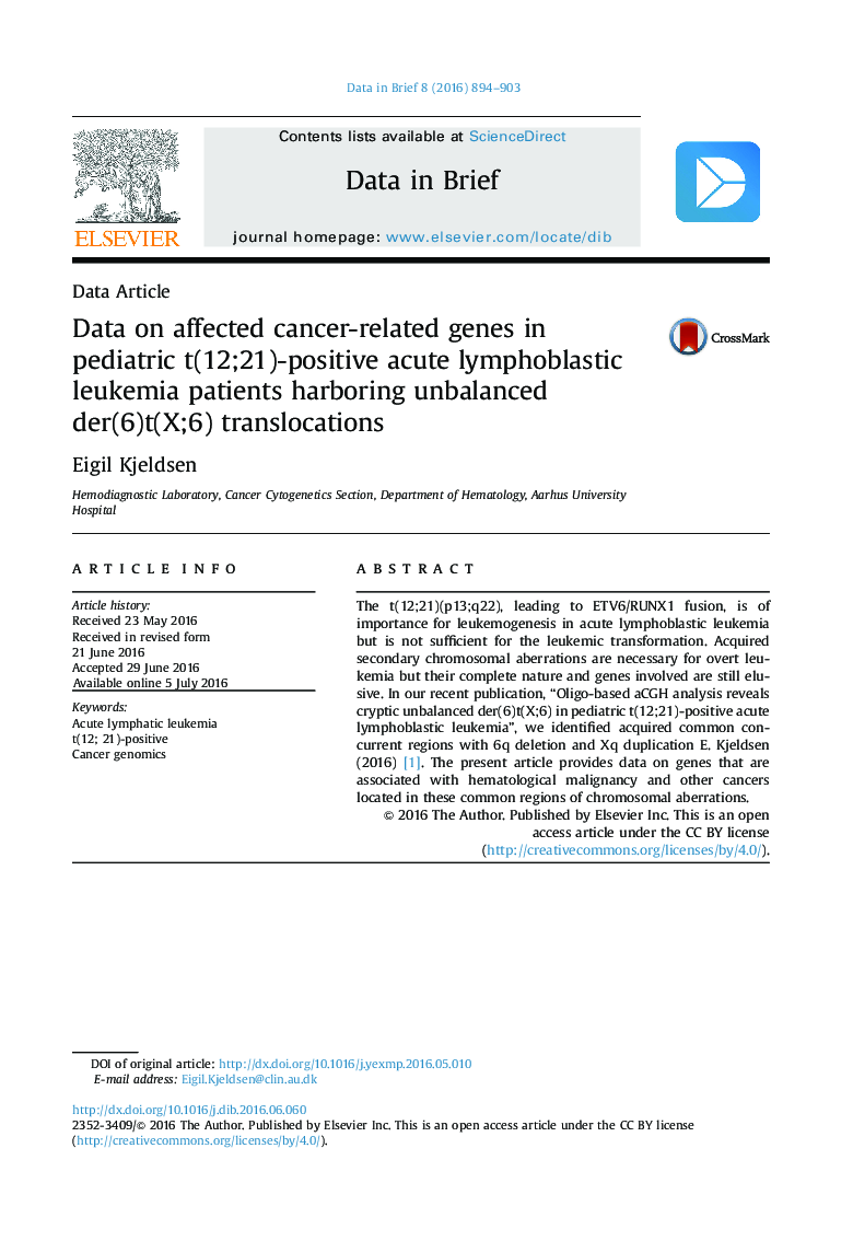 Data on affected cancer-related genes in pediatric t(12;21)-positive acute lymphoblastic leukemia patients harboring unbalanced der(6)t(X;6) translocations