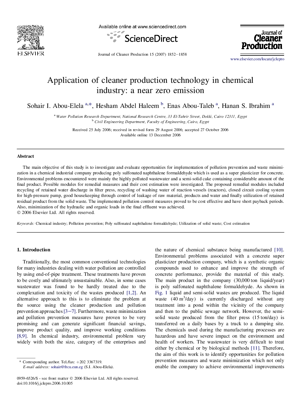 Application of cleaner production technology in chemical industry: a near zero emission