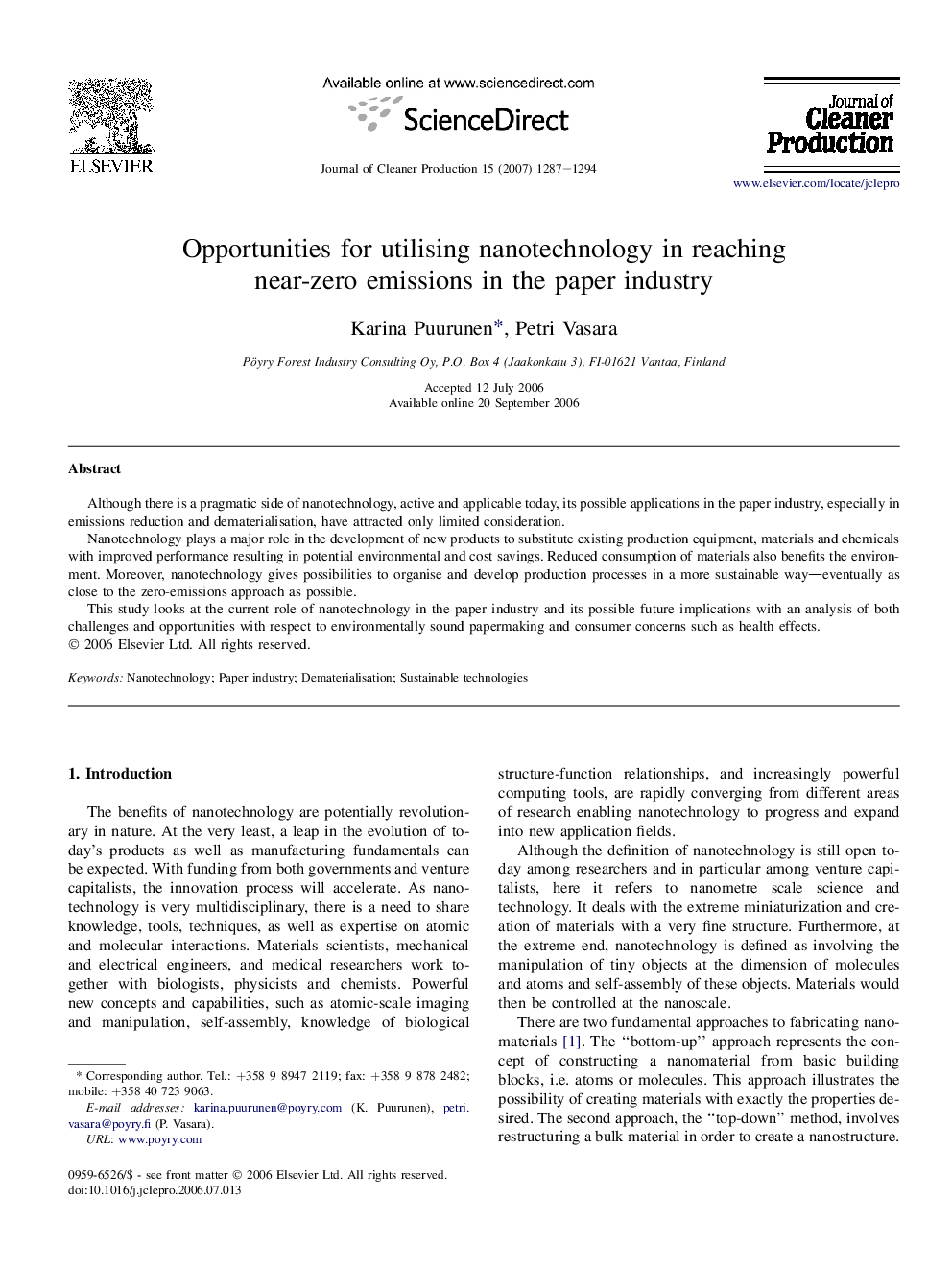 Opportunities for utilising nanotechnology in reaching near-zero emissions in the paper industry