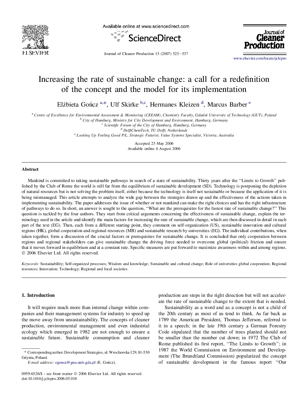 Increasing the rate of sustainable change: a call for a redefinition of the concept and the model for its implementation