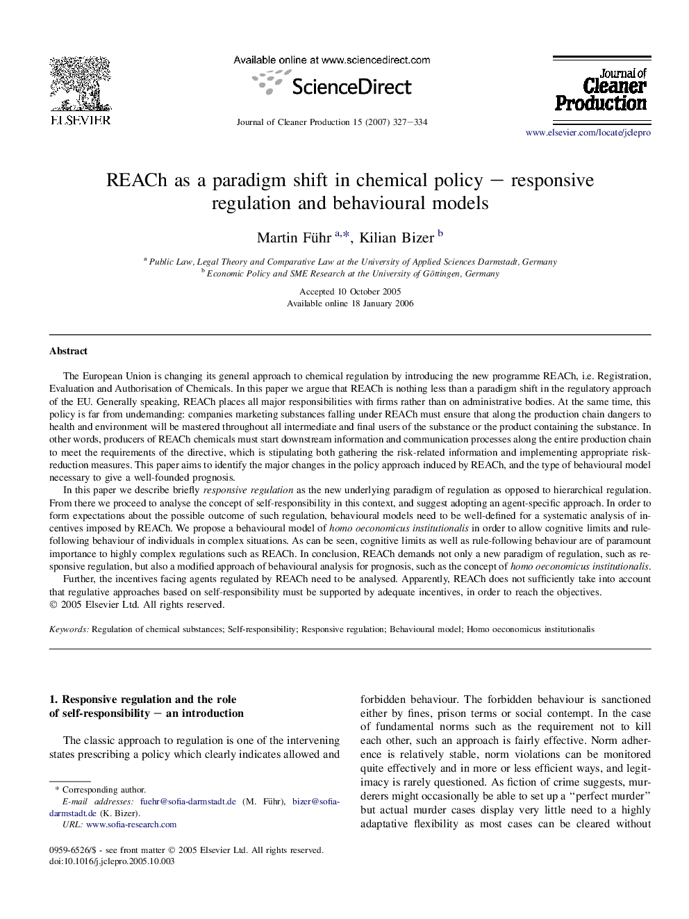 REACh as a paradigm shift in chemical policy – responsive regulation and behavioural models