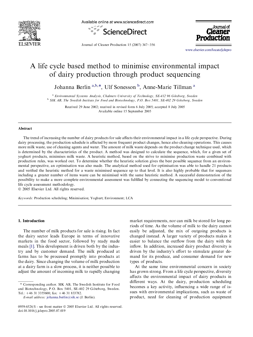 A life cycle based method to minimise environmental impact of dairy production through product sequencing