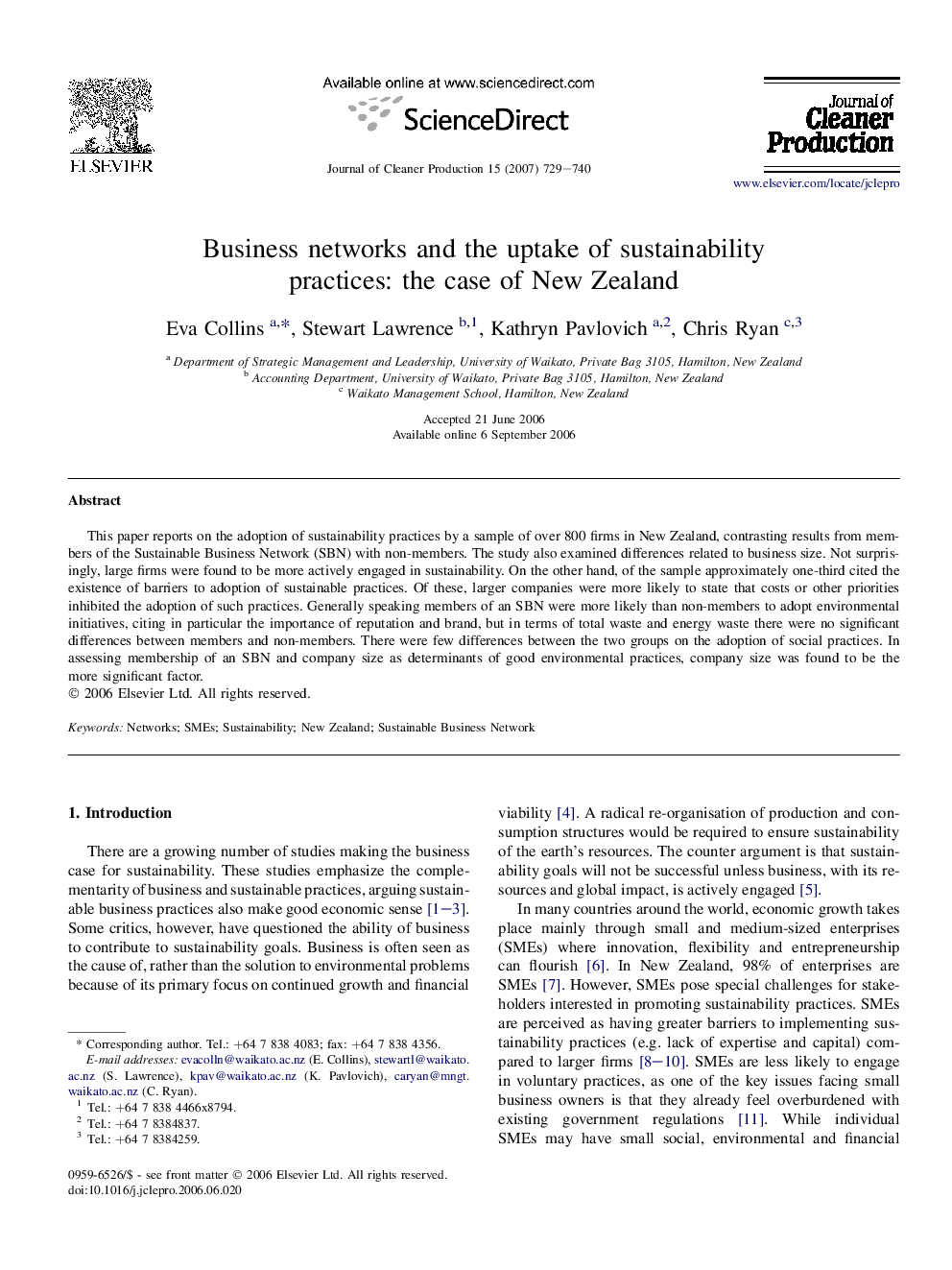 Business networks and the uptake of sustainability practices: the case of New Zealand