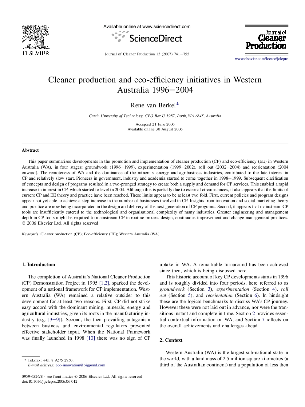 Cleaner production and eco-efficiency initiatives in Western Australia 1996–2004