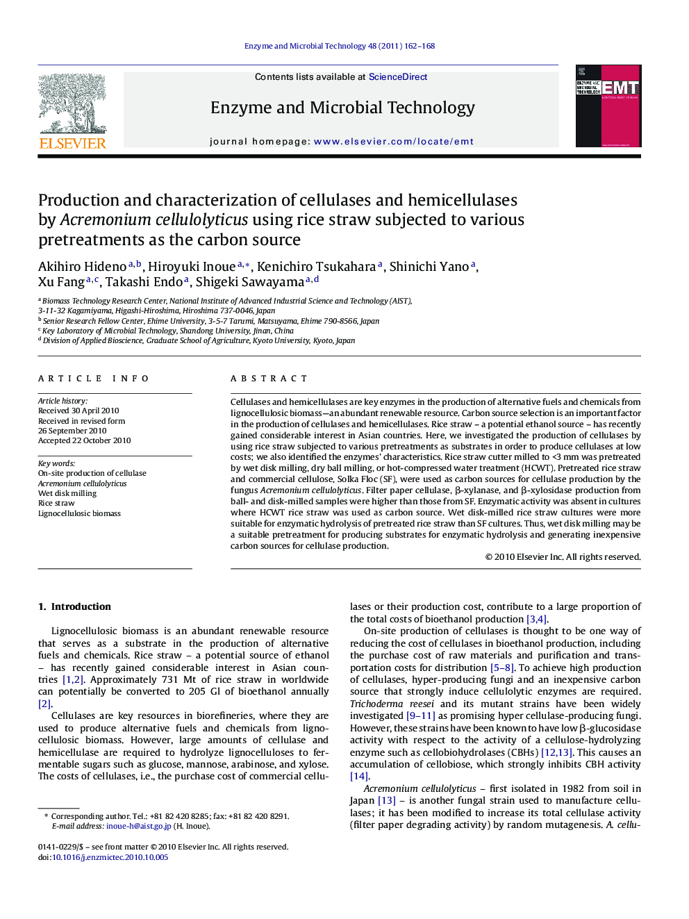 Production and characterization of cellulases and hemicellulases by Acremonium cellulolyticus using rice straw subjected to various pretreatments as the carbon source