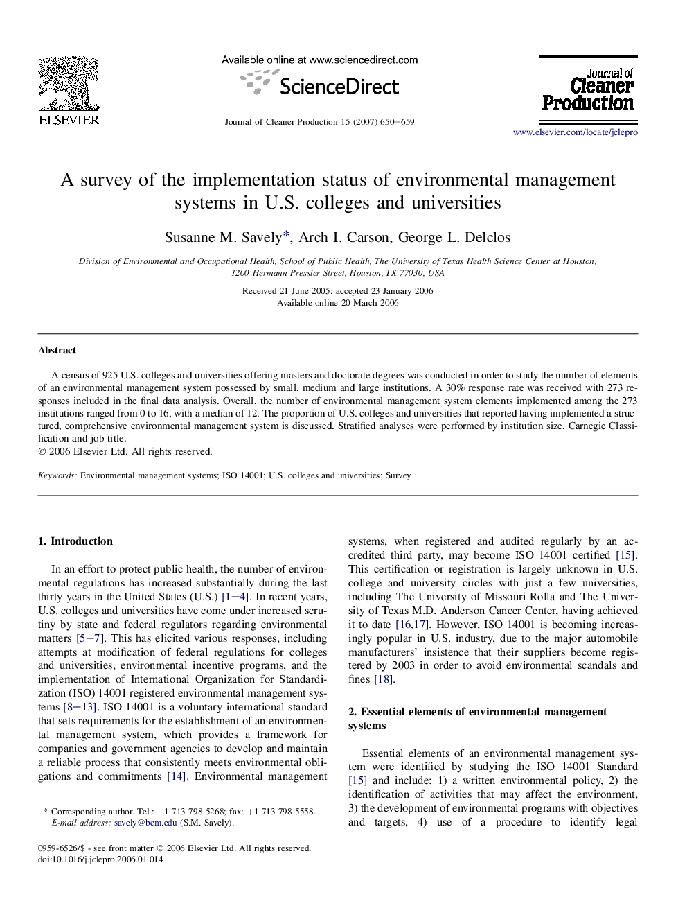 A survey of the implementation status of environmental management systems in U.S. colleges and universities