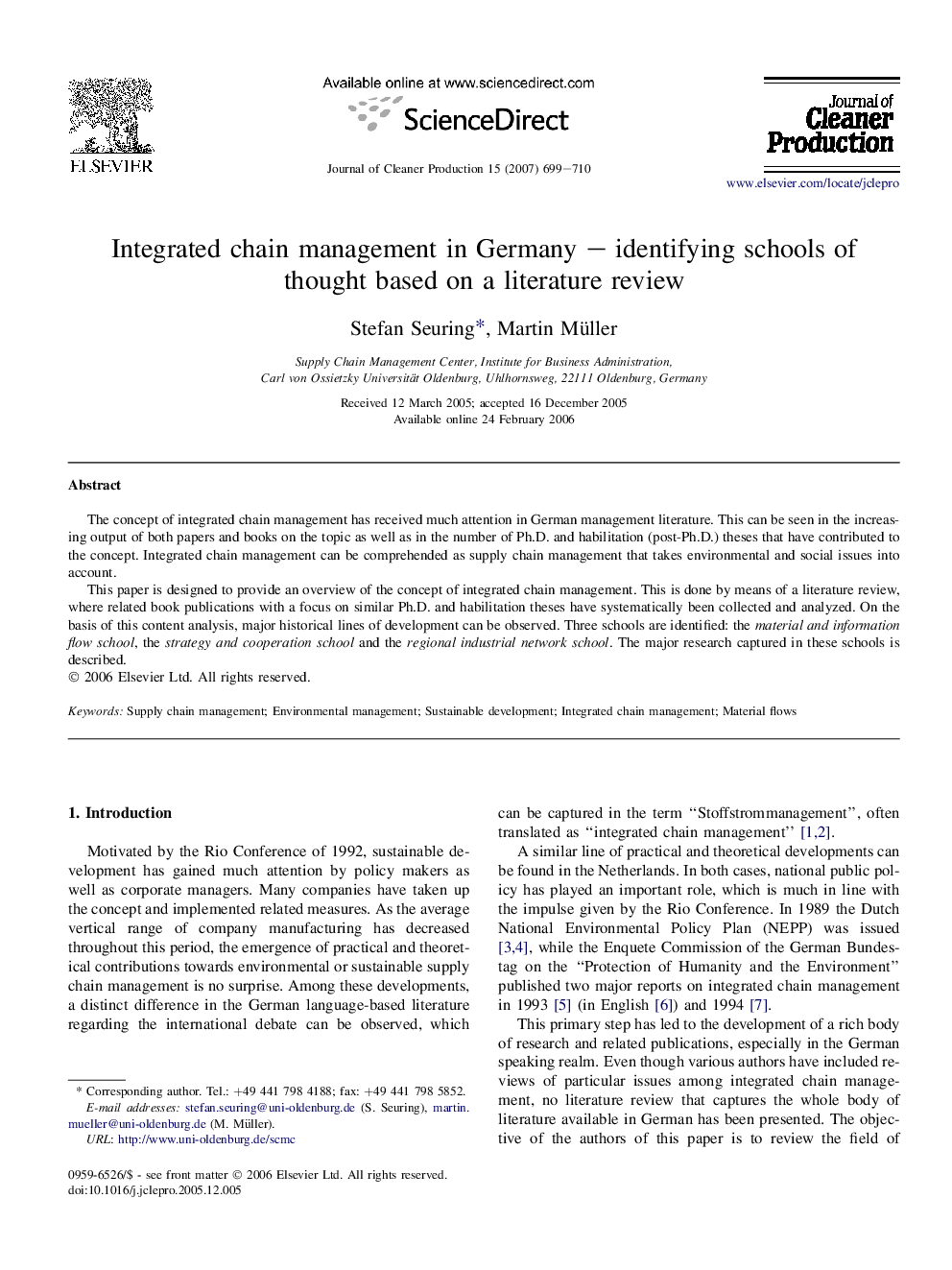 Integrated chain management in Germany – identifying schools of thought based on a literature review