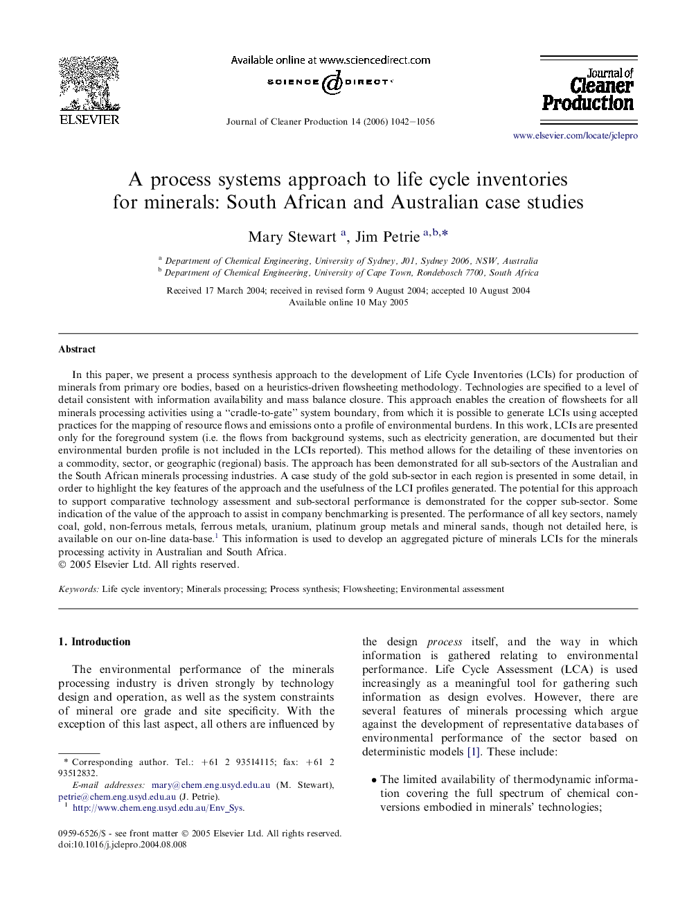 A process systems approach to life cycle inventories for minerals: South African and Australian case studies