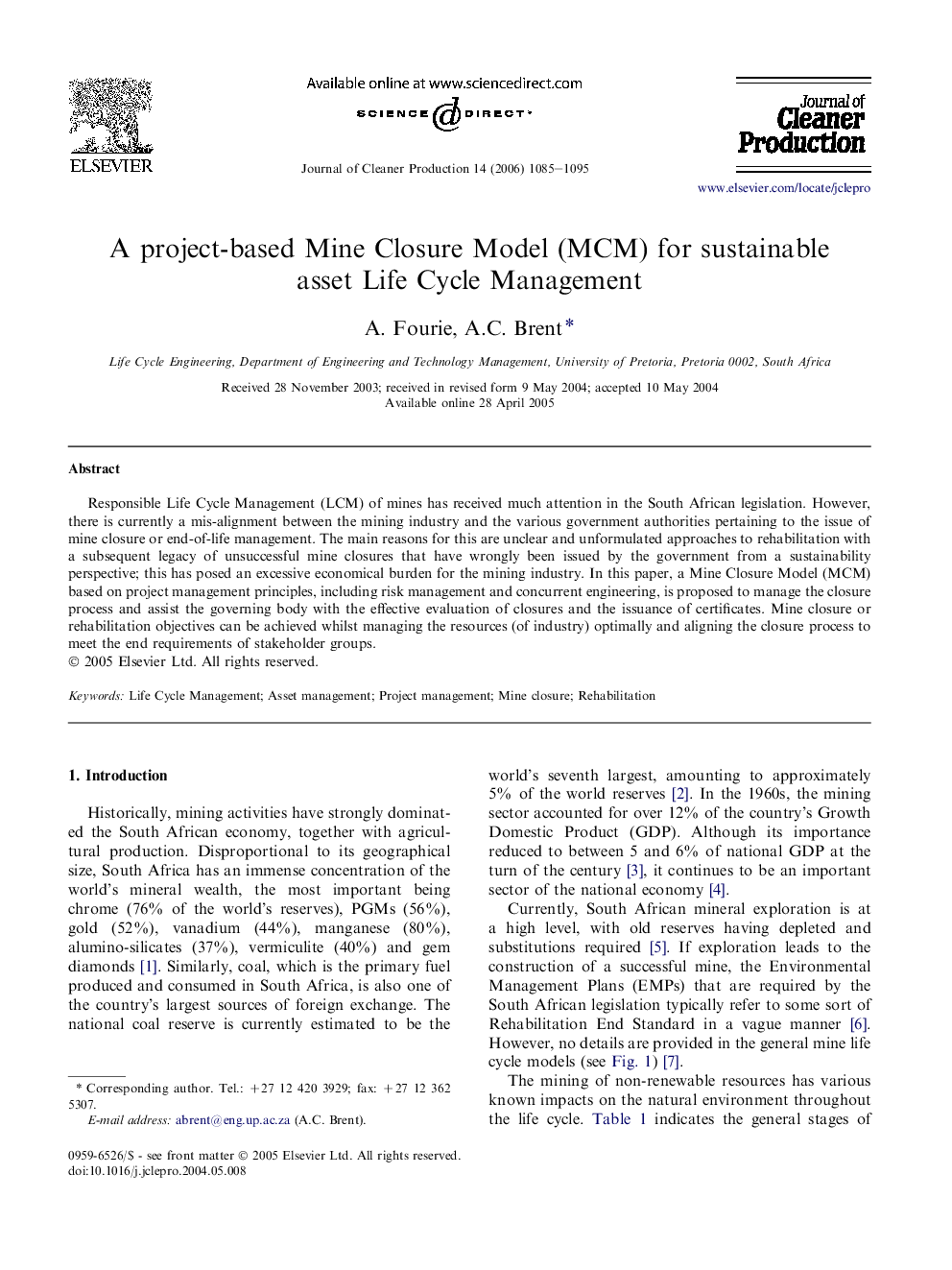 A project-based Mine Closure Model (MCM) for sustainable asset Life Cycle Management