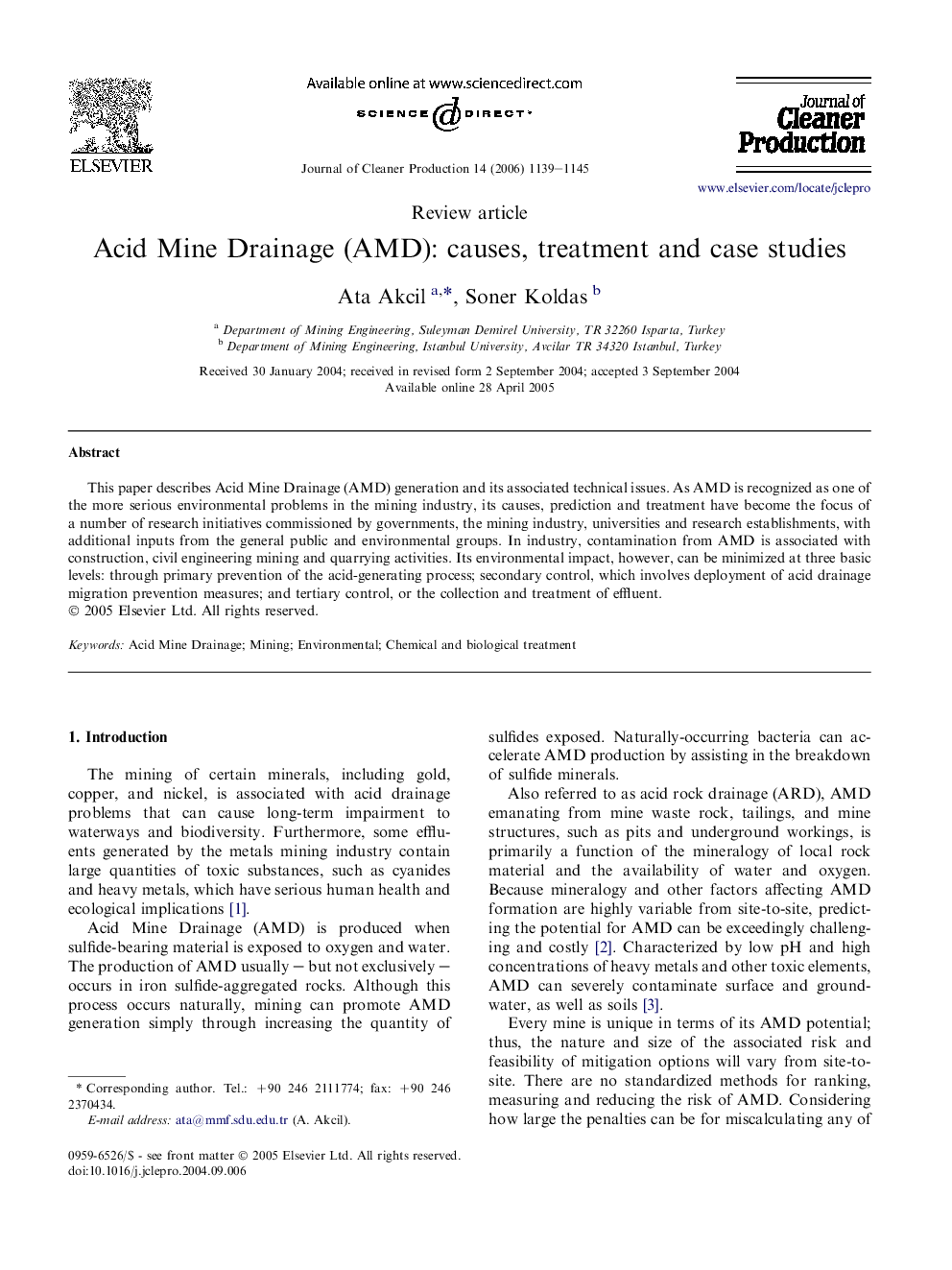 Acid Mine Drainage (AMD): causes, treatment and case studies