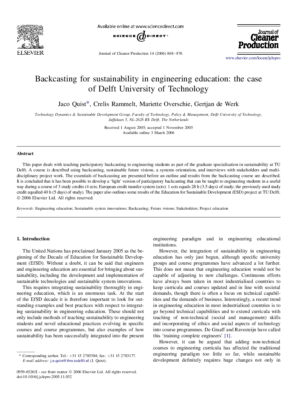 Backcasting for sustainability in engineering education: the case of Delft University of Technology