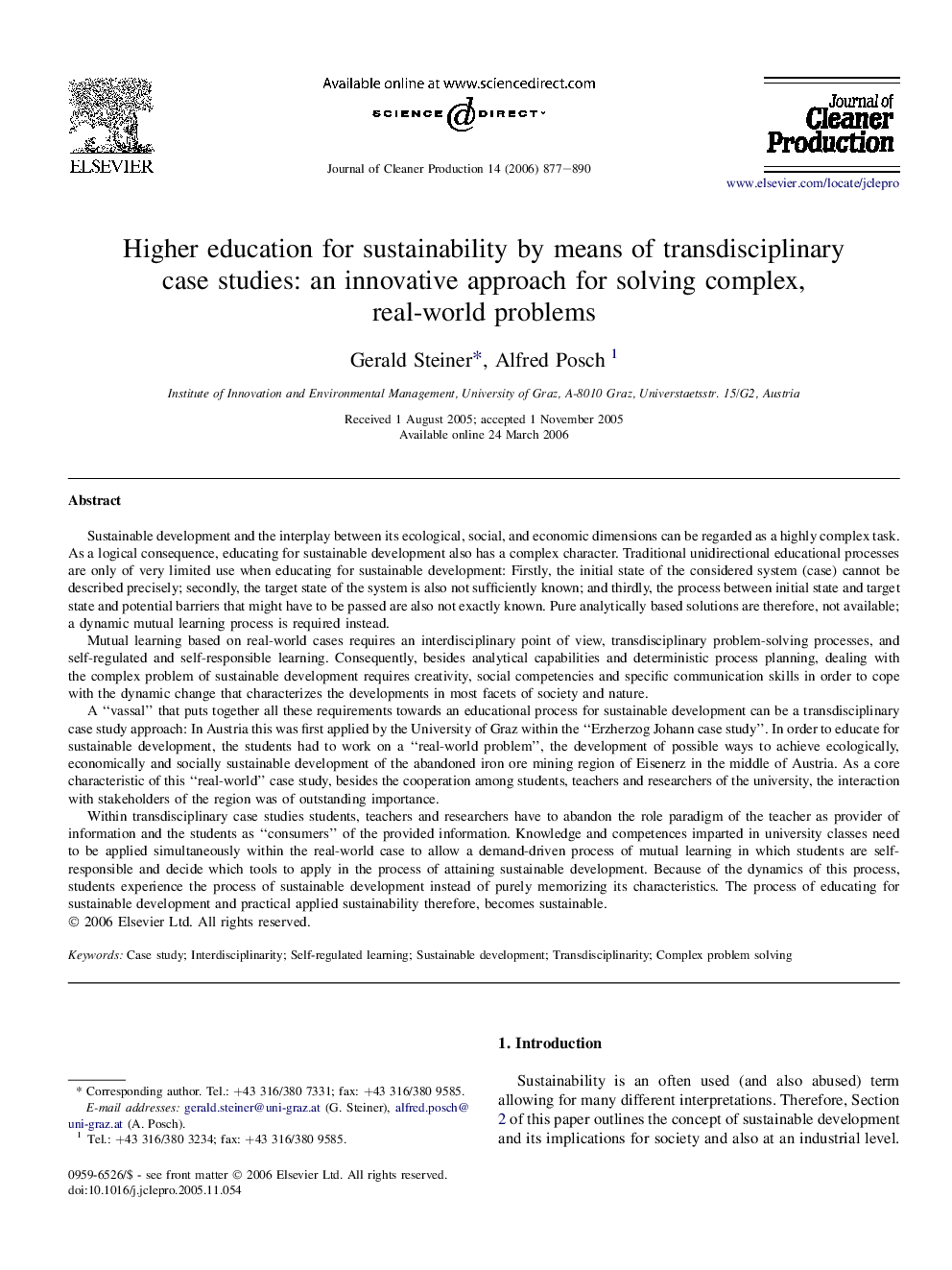 Higher education for sustainability by means of transdisciplinary case studies: an innovative approach for solving complex, real-world problems