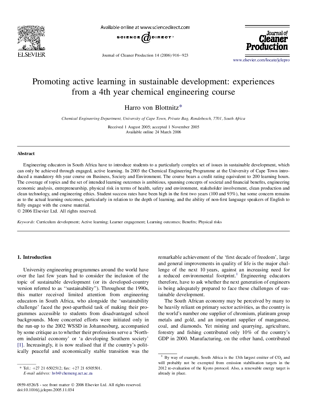 Promoting active learning in sustainable development: experiences from a 4th year chemical engineering course