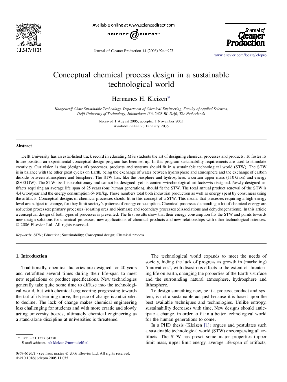 Conceptual chemical process design in a sustainable technological world