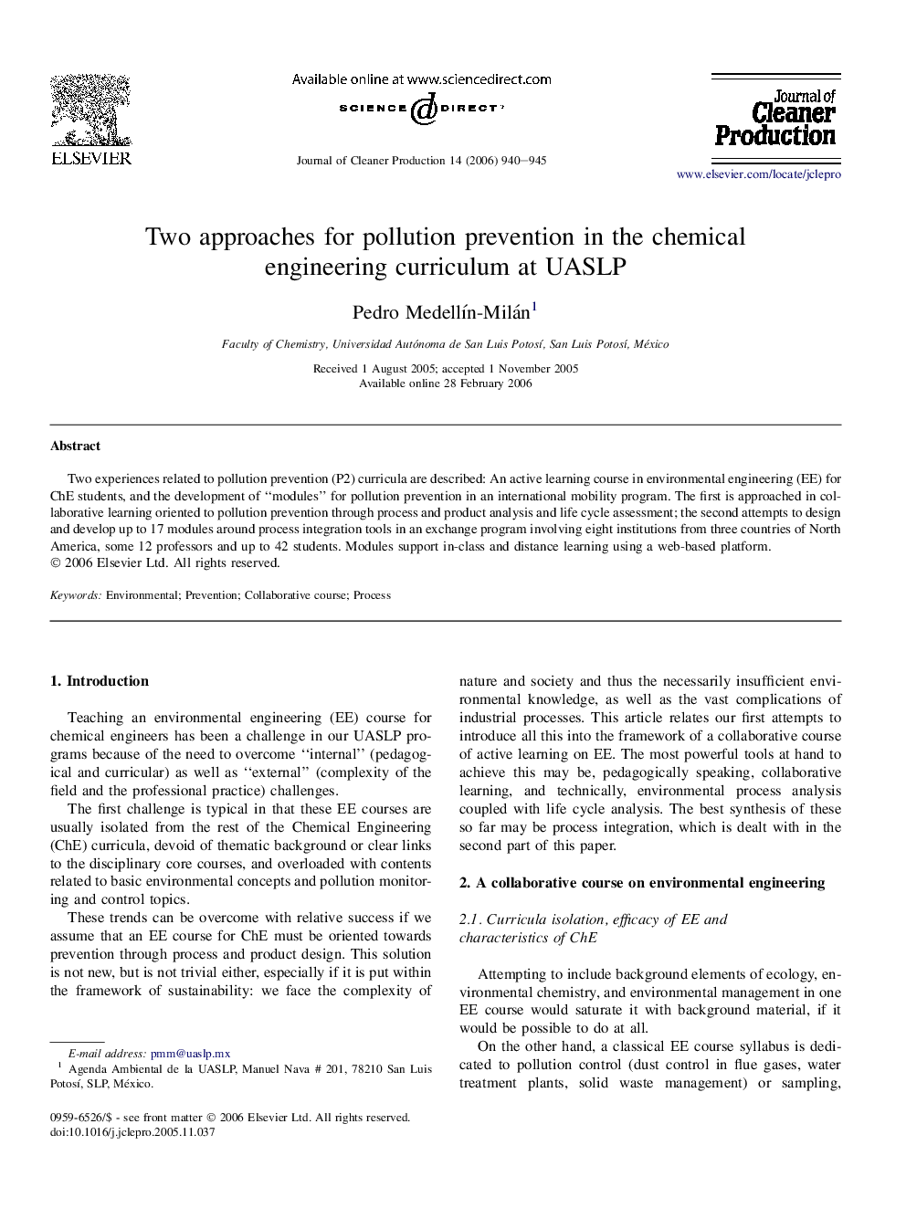 Two approaches for pollution prevention in the chemical engineering curriculum at UASLP