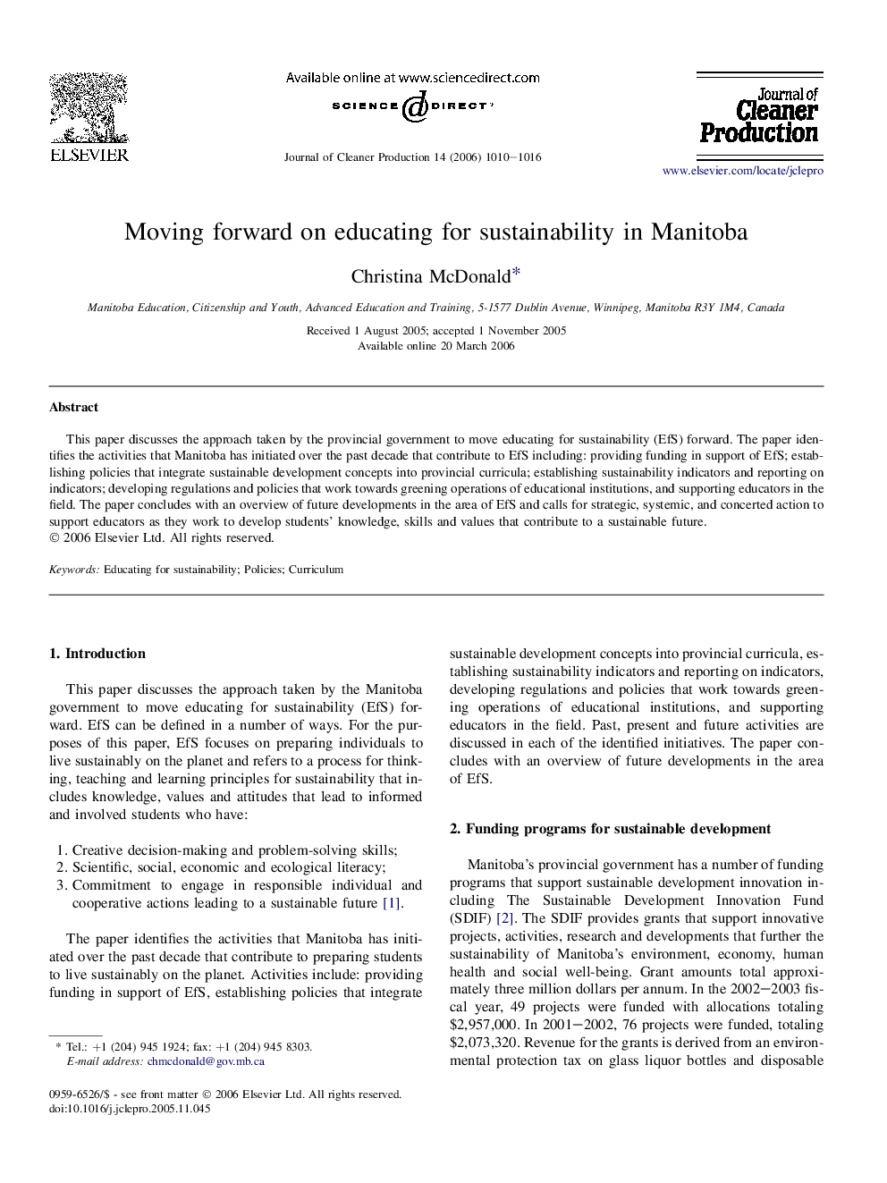 Moving forward on educating for sustainability in Manitoba