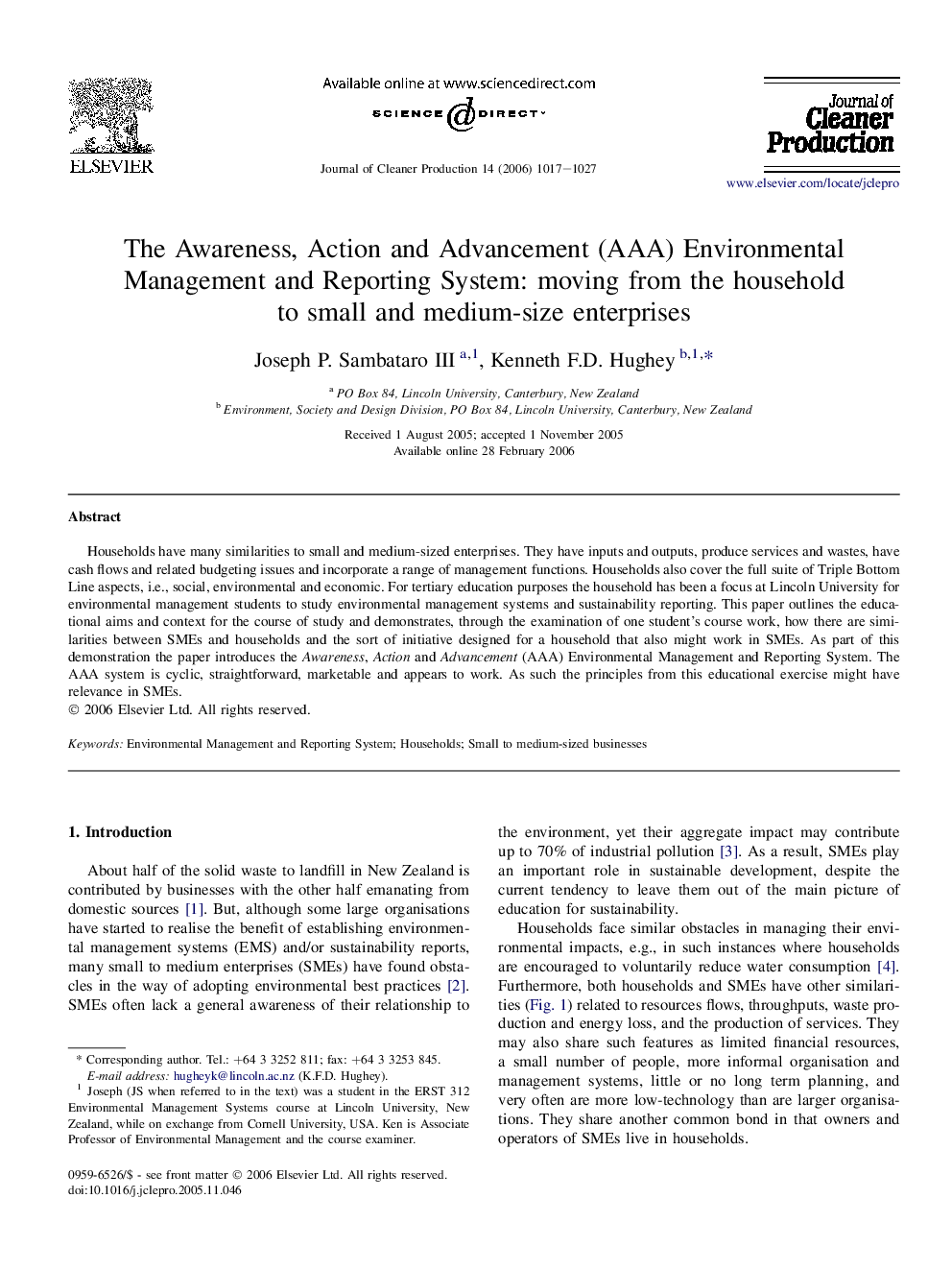 The Awareness, Action and Advancement (AAA) Environmental Management and Reporting System: moving from the household to small and medium-size enterprises