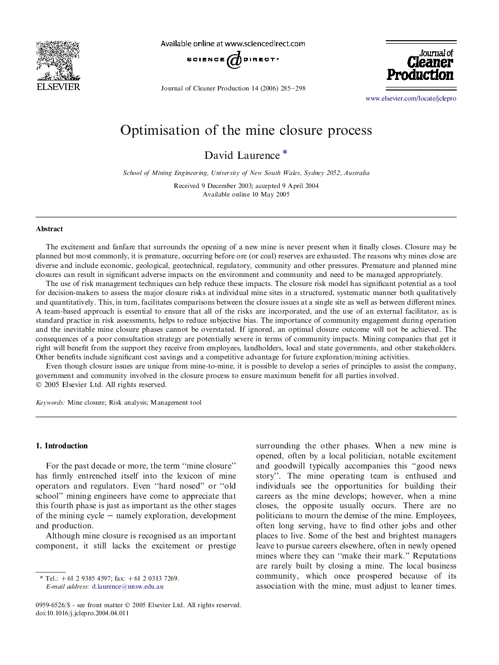 Optimisation of the mine closure process