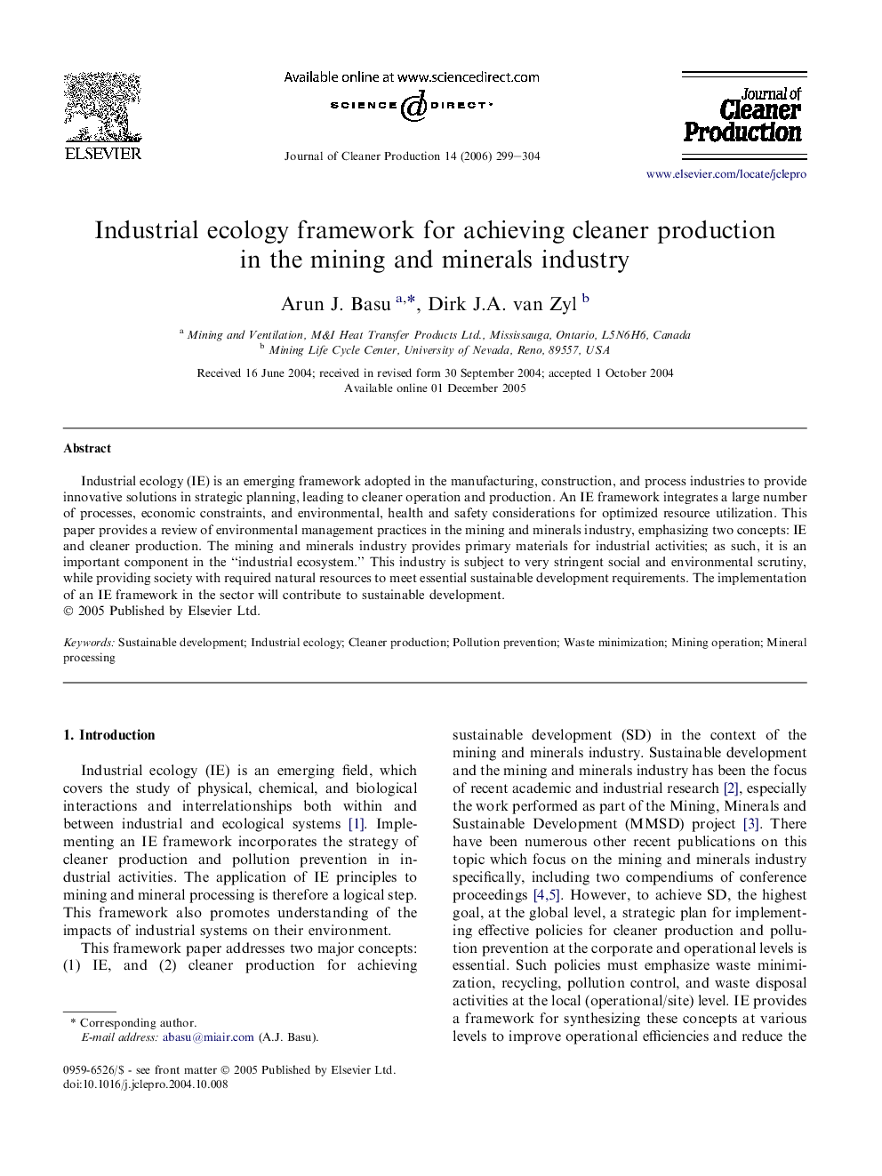 Industrial ecology framework for achieving cleaner production in the mining and minerals industry