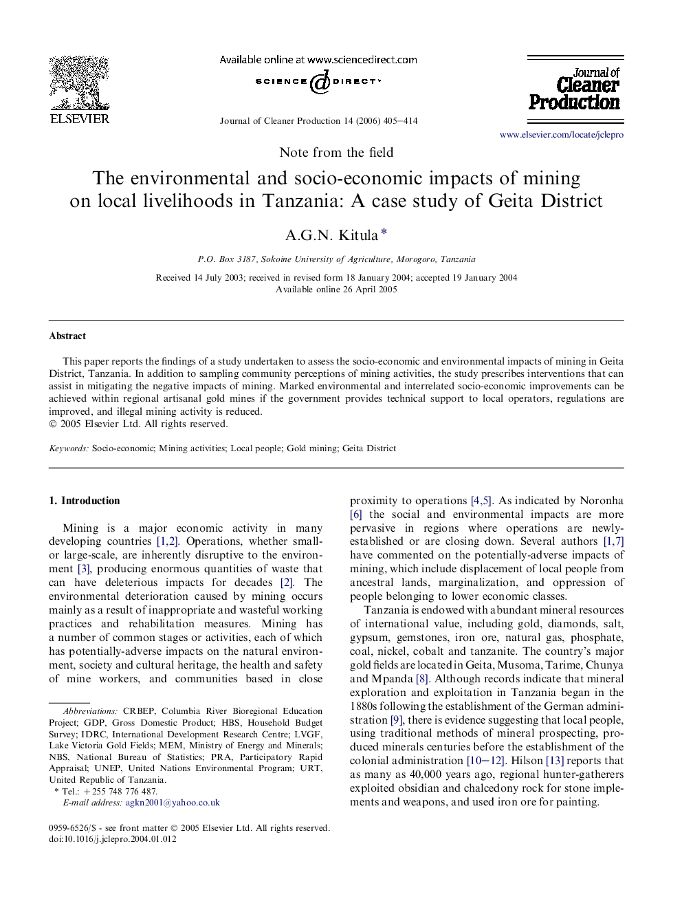 The environmental and socio-economic impacts of mining on local livelihoods in Tanzania: A case study of Geita District