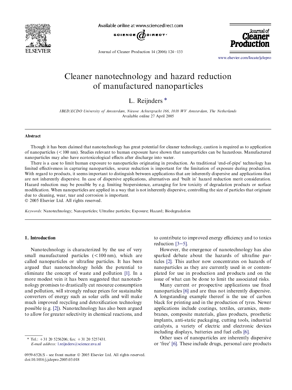 Cleaner nanotechnology and hazard reduction of manufactured nanoparticles