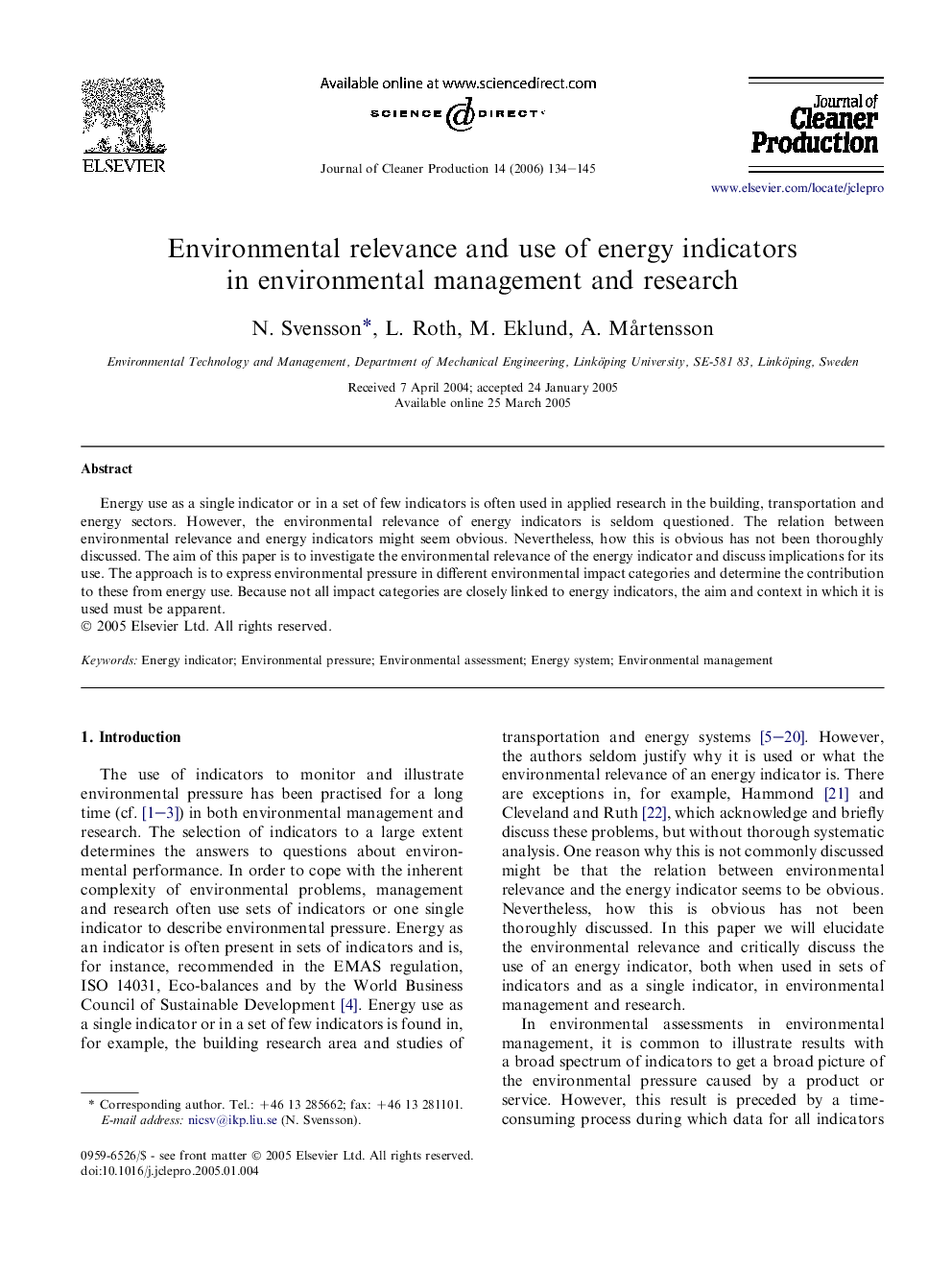 Environmental relevance and use of energy indicators in environmental management and research