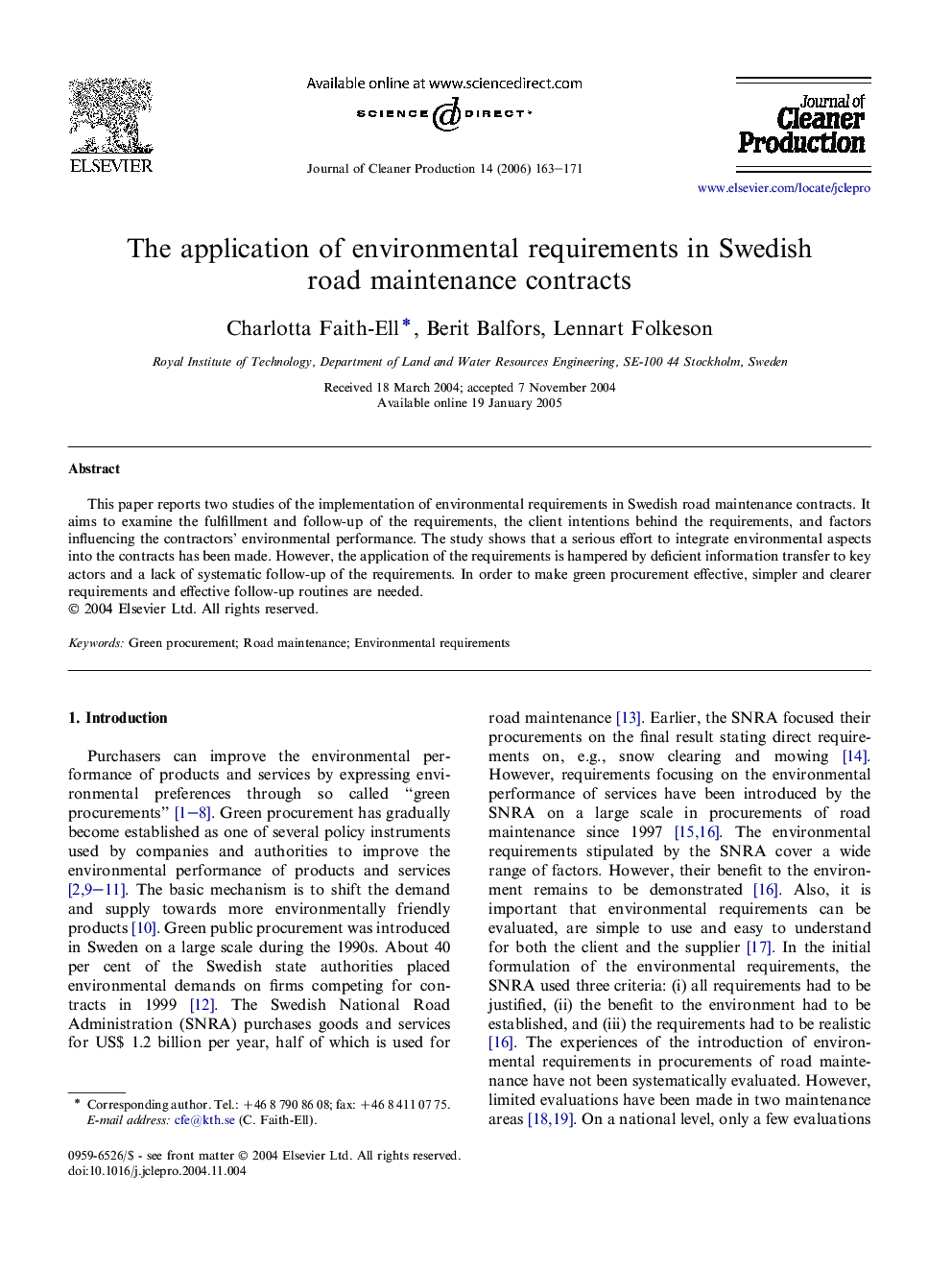 The application of environmental requirements in Swedish road maintenance contracts
