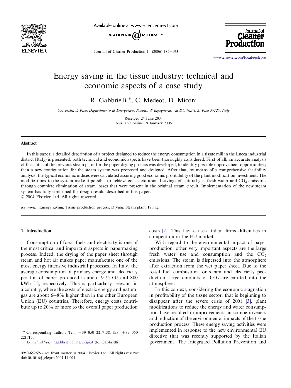 Energy saving in the tissue industry: technical and economic aspects of a case study