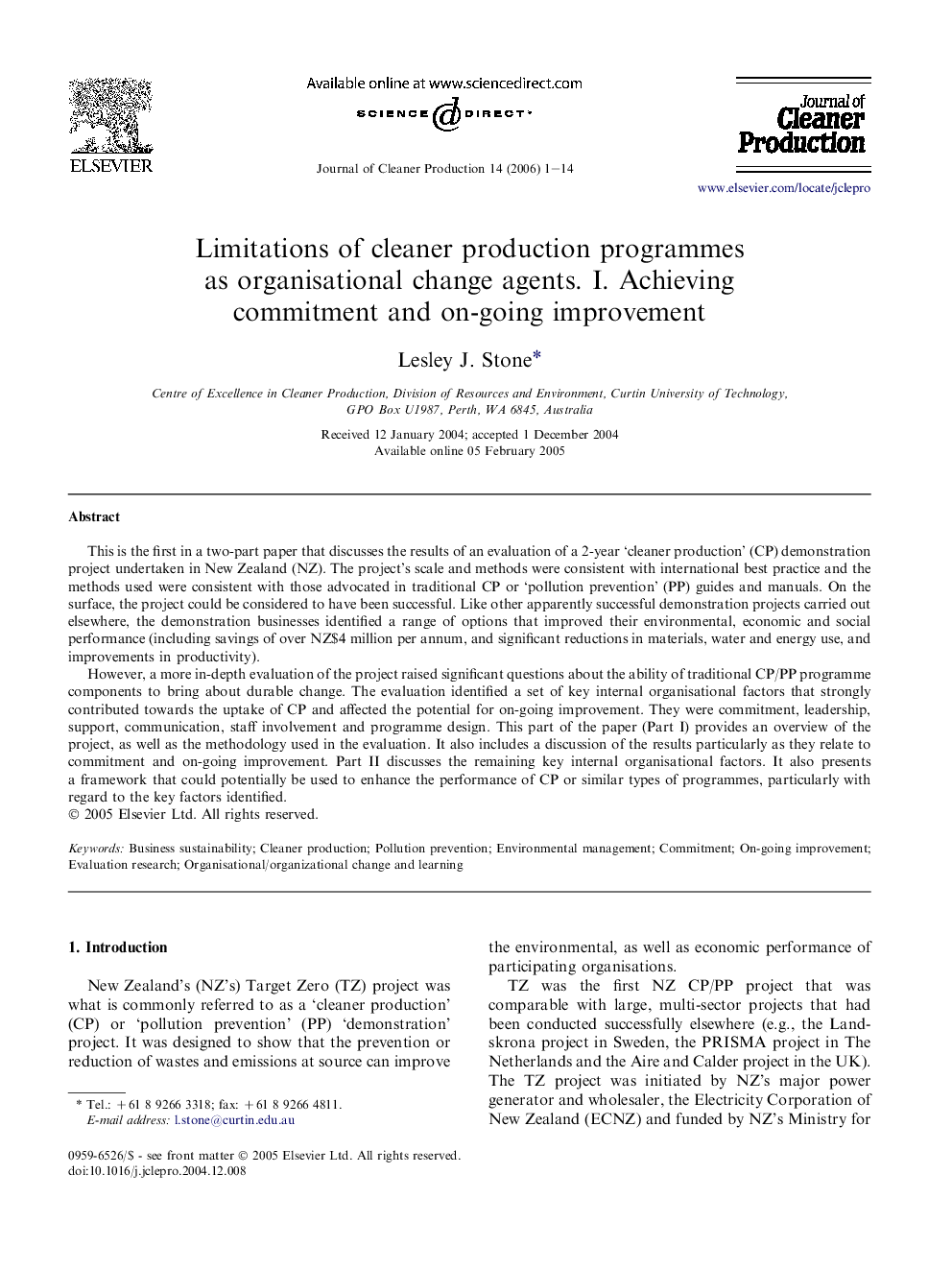 Limitations of cleaner production programmes as organisational change agents I. Achieving commitment and on-going improvement