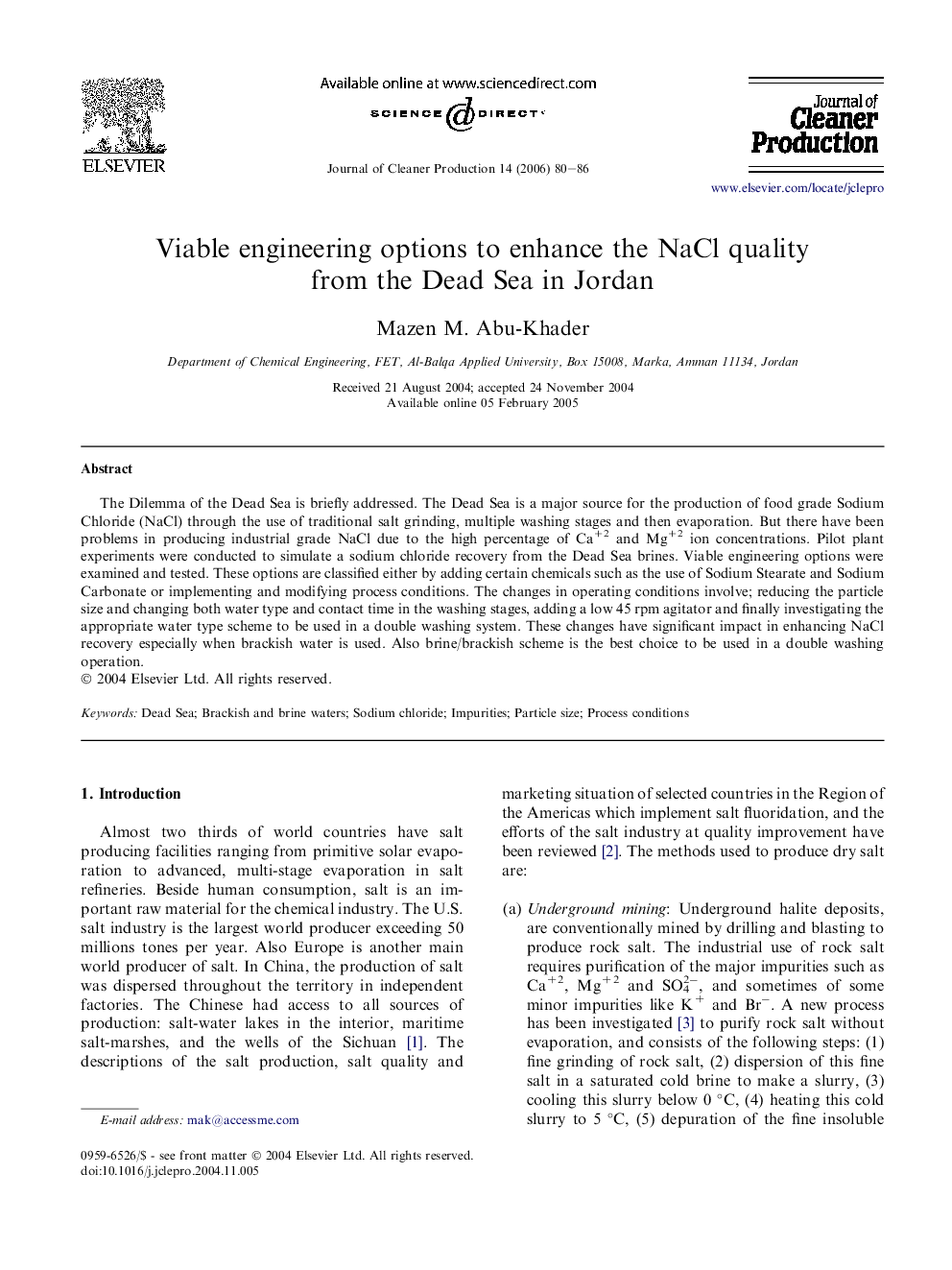 Viable engineering options to enhance the NaCl quality from the Dead Sea in Jordan