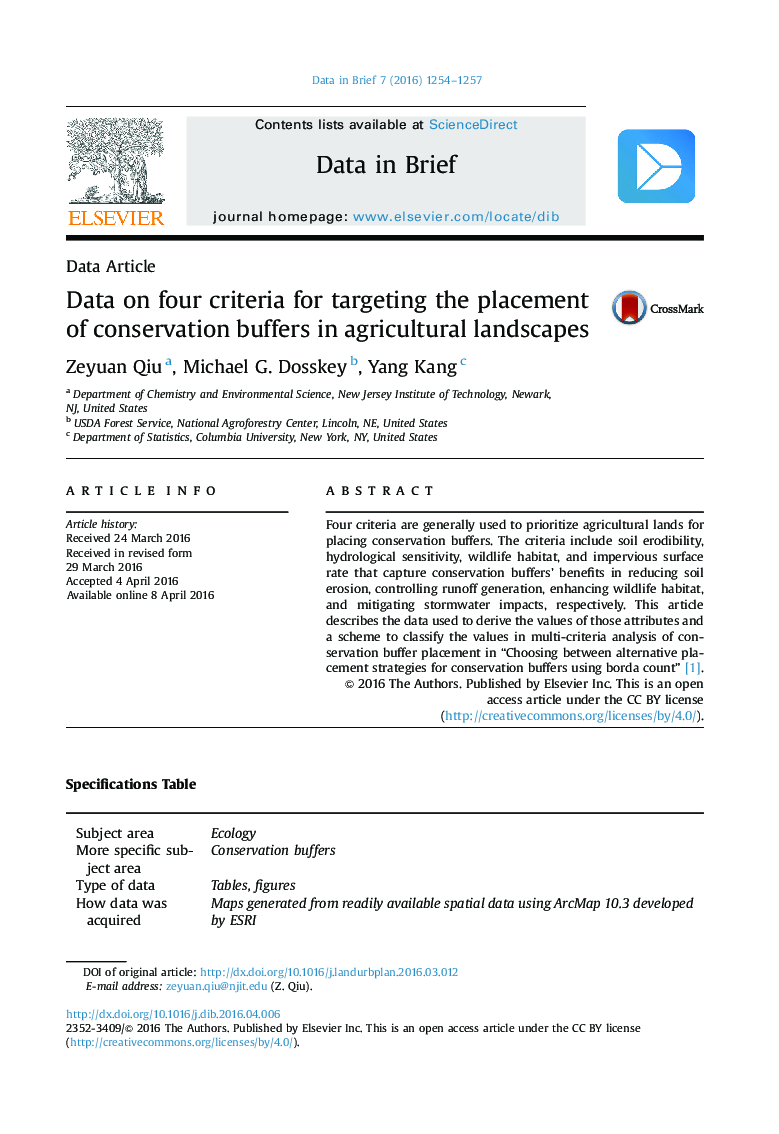 Data on four criteria for targeting the placement of conservation buffers in agricultural landscapes