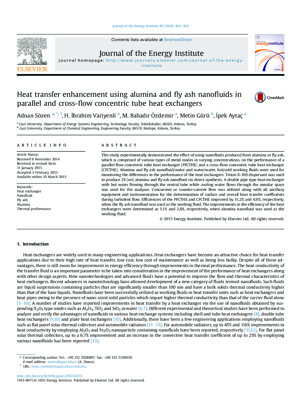 Heat transfer enhancement using alumina and fly ash nanofluids in parallel and cross-flow concentric tube heat exchangers