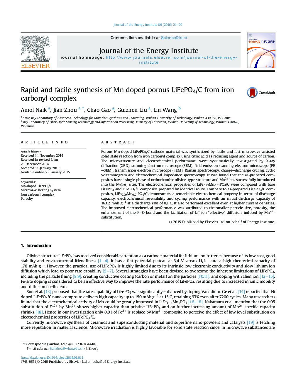 Rapid and facile synthesis of Mn doped porous LiFePO4/C from iron carbonyl complex