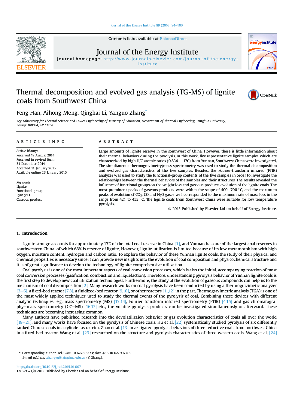 Thermal decomposition and evolved gas analysis (TG-MS) of lignite coals from Southwest China