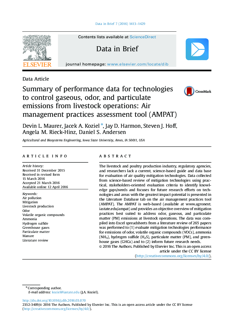 Summary of performance data for technologies to control gaseous, odor, and particulate emissions from livestock operations: Air management practices assessment tool (AMPAT)