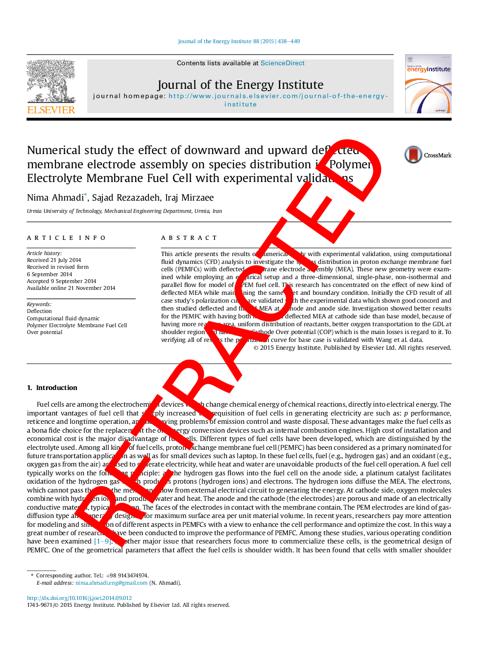 RETRACTED: Numerical study the effect of downward and upward deflected membrane electrode assembly on species distribution in Polymer Electrolyte Membrane Fuel Cell with experimental validations