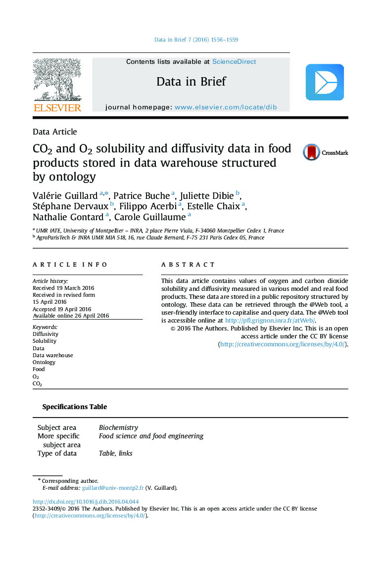 CO2 and O2 solubility and diffusivity data in food products stored in data warehouse structured by ontology