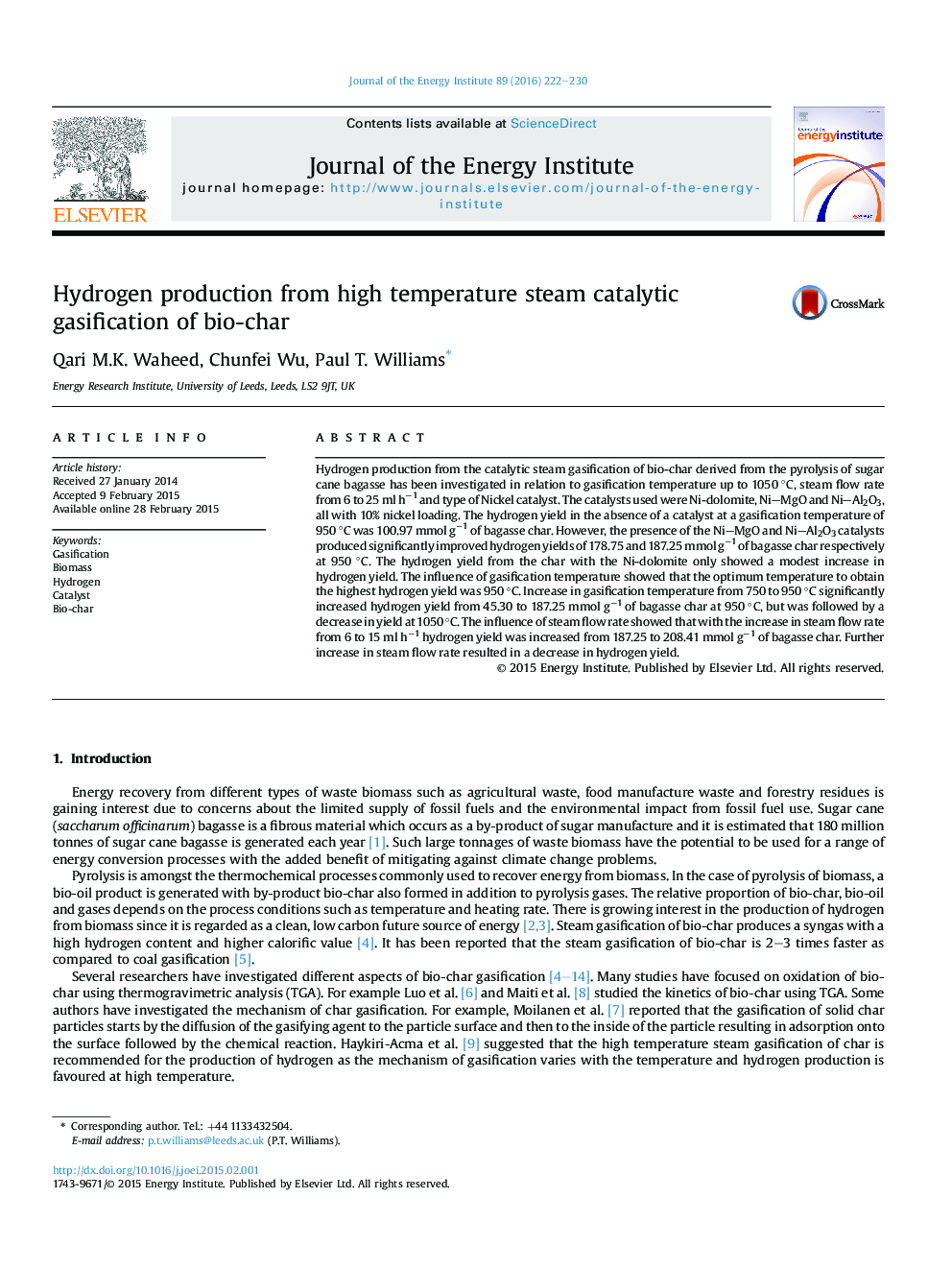 Hydrogen production from high temperature steam catalytic gasification of bio-char