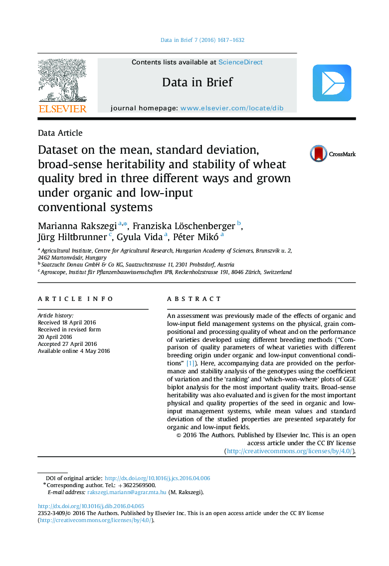 Dataset on the mean, standard deviation, broad-sense heritability and stability of wheat quality bred in three different ways and grown under organic and low-input conventional systems