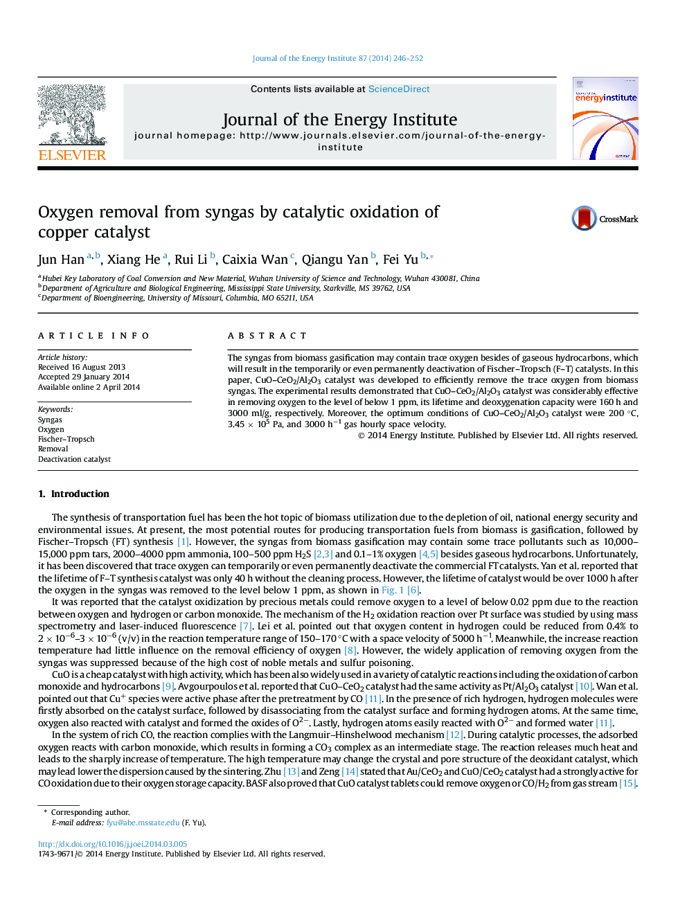 Oxygen removal from syngas by catalytic oxidation of copper catalyst