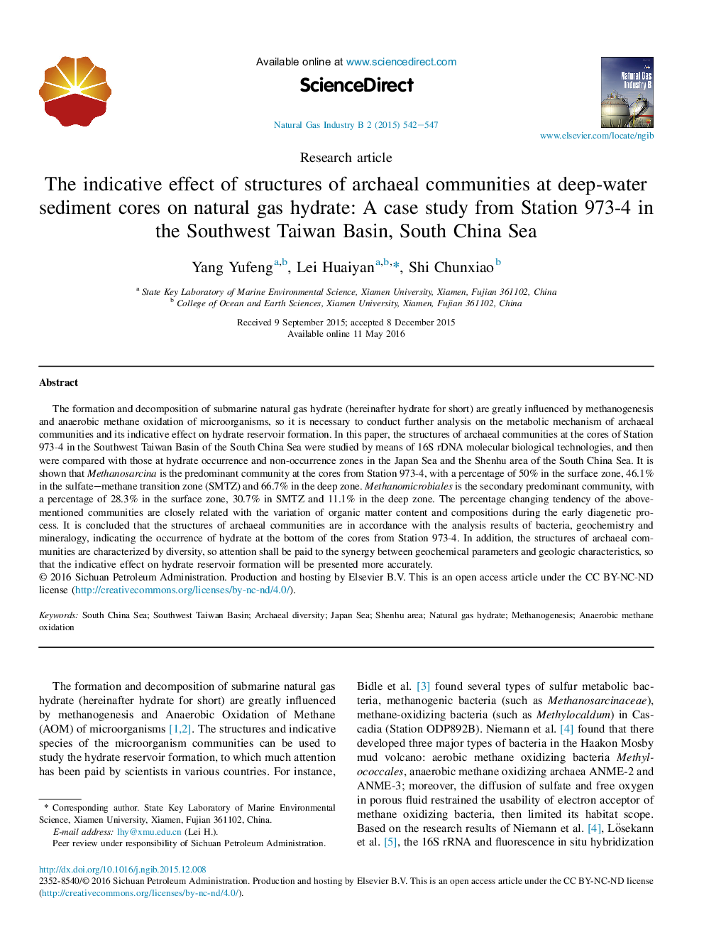 The indicative effect of structures of archaeal communities at deep-water sediment cores on natural gas hydrate: A case study from Station 973-4 in the Southwest Taiwan Basin, South China Sea 